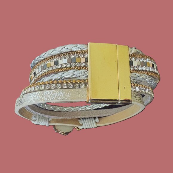 Boho Heart Leather Multi-layered Cuff Magnetic Bracelet Gold/Silver Accents EUC - Picture 3 of 12